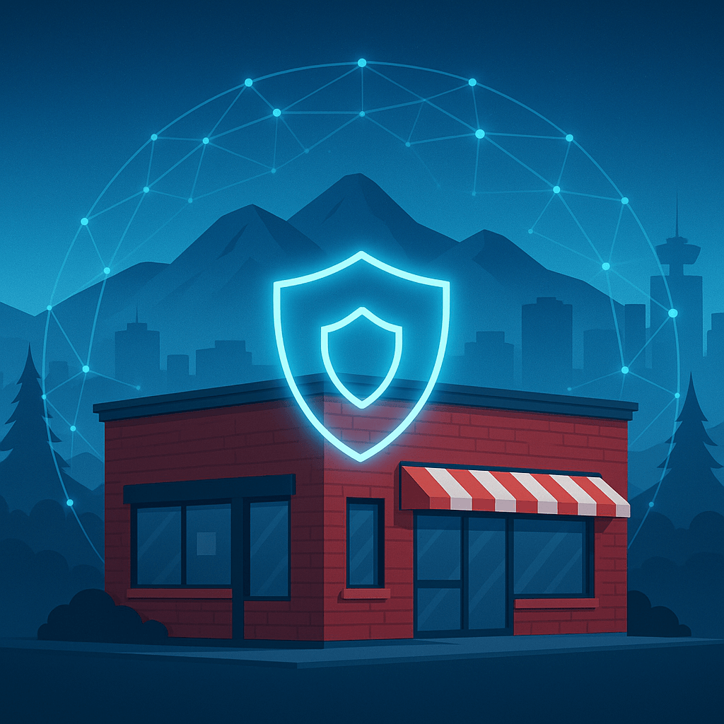 A small British Columbia storefront protected by a glowing digital security shield with mountains and the Vancouver skyline in the background. A small British Columbia storefront protected by a glowing digital security shield with mountains and the Vancouver skyline in the background.