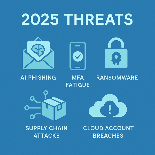 Infographic showing the top cyber threats for 2025 including AI phishing, MFA fatigue, ransomware, supply chain attacks, and cloud account breaches.