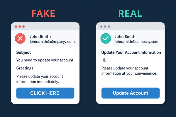 Side-by-side comparison of a fake phishing email and a legitimate email, highlighting differences in sender address, tone, and call-to-action button.