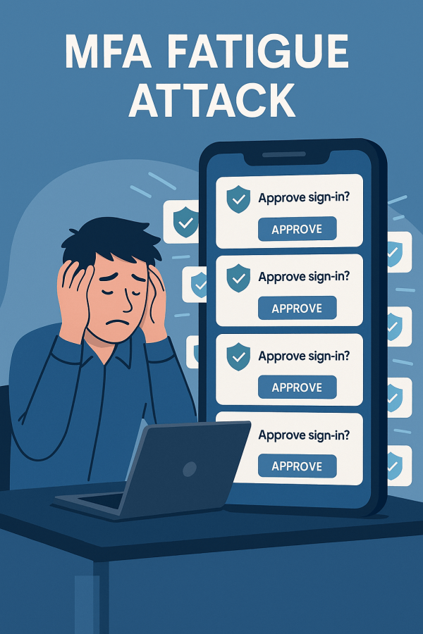 Illustration of an overwhelmed employee receiving multiple MFA approval prompts on a phone, representing an MFA fatigue attack.