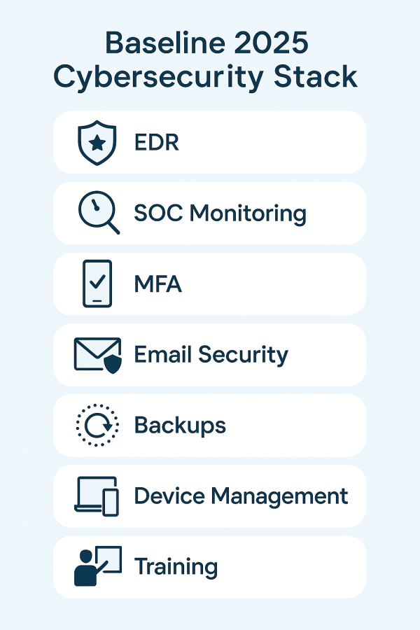 Diagram listing essential cybersecurity tools for 2025 including EDR, SOC monitoring, MFA, email security, backups, device management, and training.