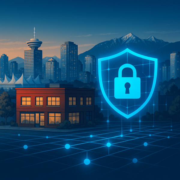 Vancouver skyline with digital security grid and shield icon overlay, representing cybersecurity protection for BC businesses.