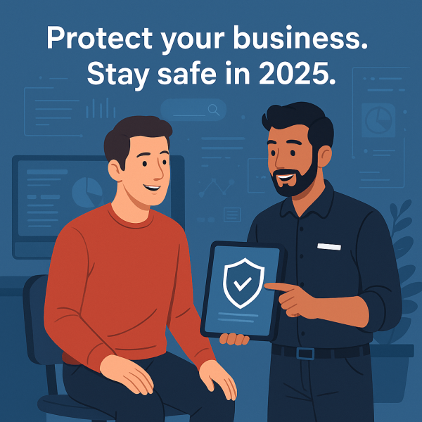 Friendly IT technician showing a business owner a tablet with a security shield icon, with text saying &ldquo;Protect your business. Stay safe in 2025.&rdquo;