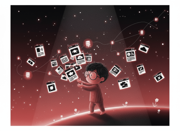 playful illustration of a child using floating digital icons to work faster, inspired by geometric visual style