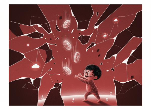 illustration of a child catching digital coins slipping through cracks, symbolizing hidden technology costs