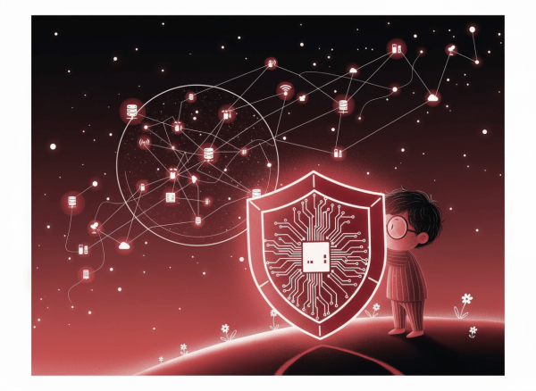 &ldquo;retro-futuristic illustration of a child holding a digital shield with circuit patterns, symbolizing strong IT protection&rdquo;