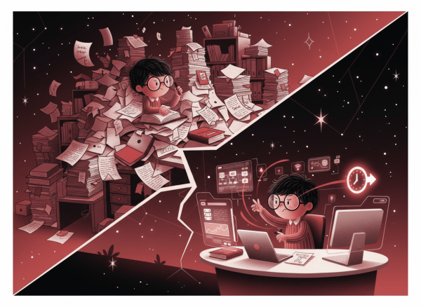 split-scene illustration of one child buried in paper and another using simple floating digital tools, in modern cut-paper style