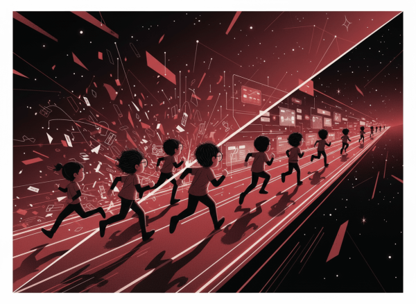 children moving smoothly along a glowing digital pathway representing improved workflows