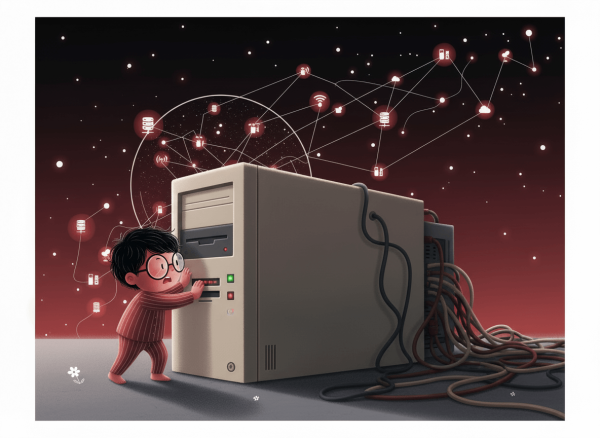 retro geometric illustration of a child blocked by a large outdated computer system, representing legacy technology