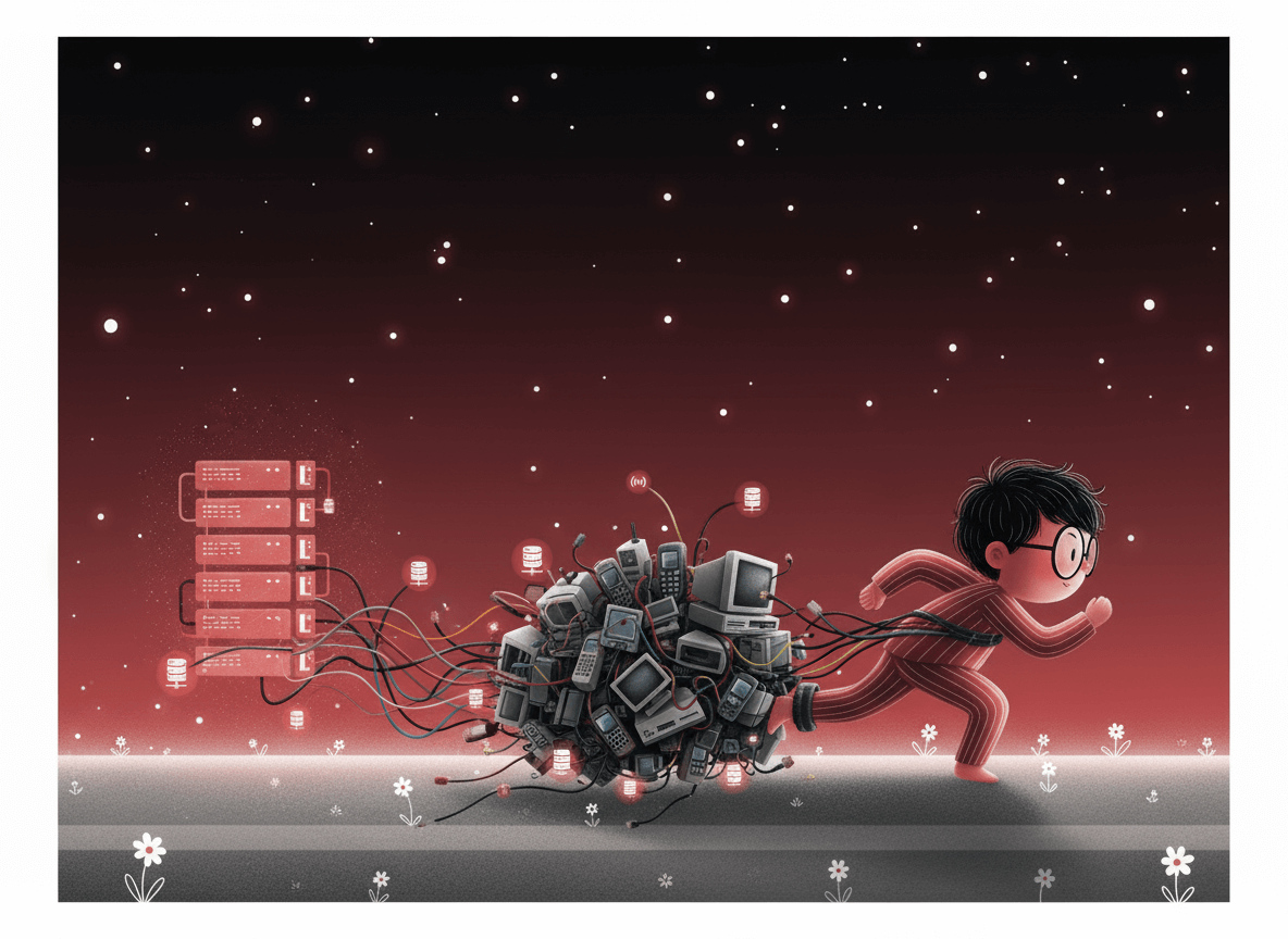 illustration of a child struggling to move forward while digital weights slow them down,