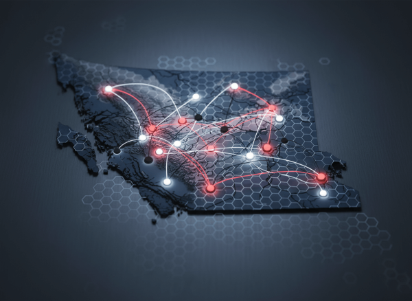 Stylized British Columbia map with digital network connections representing resilient IT infrastructure for local businesses