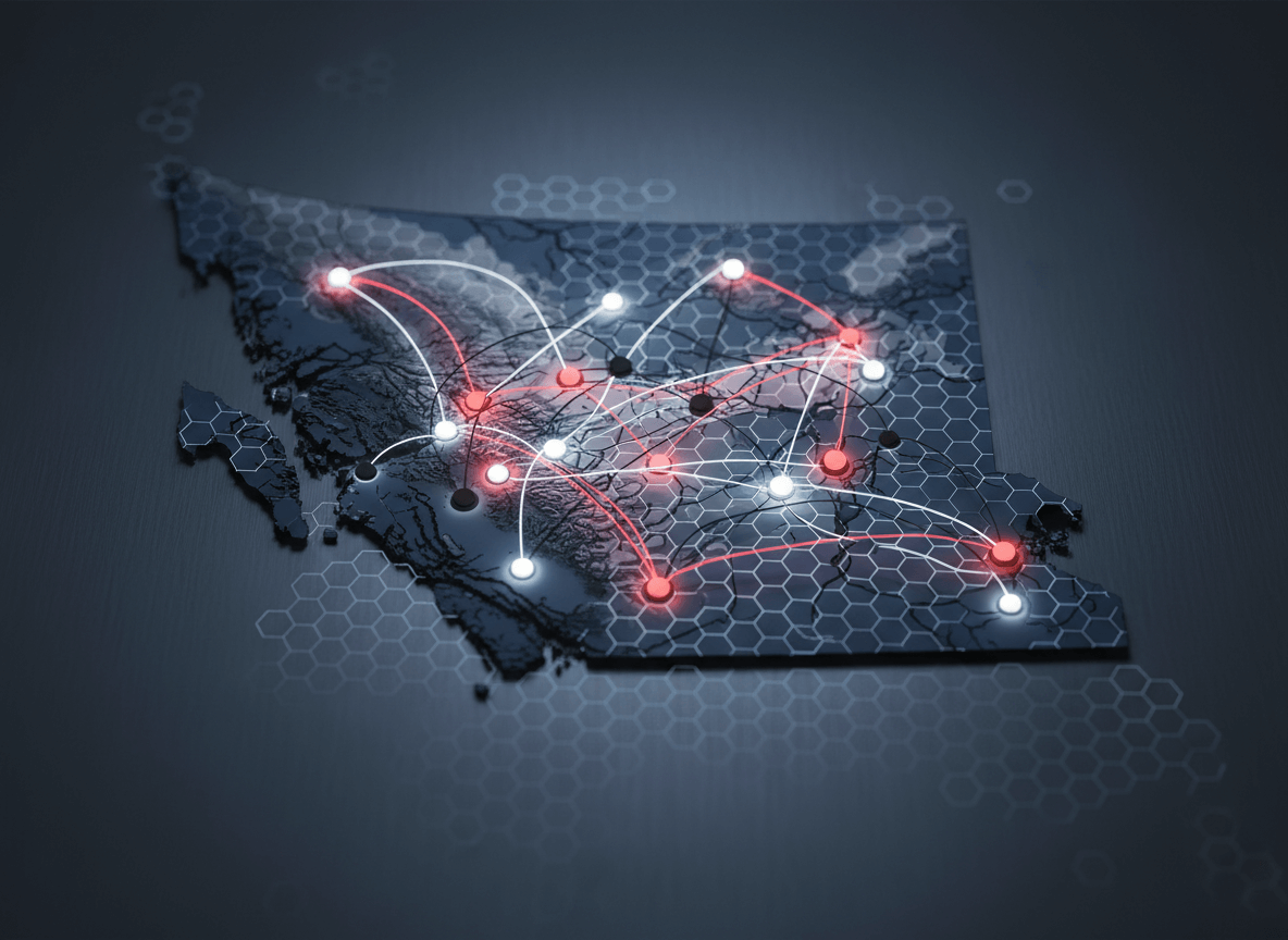 Stylized British Columbia map with digital network connections representing resilient IT infrastructure for local businesses
