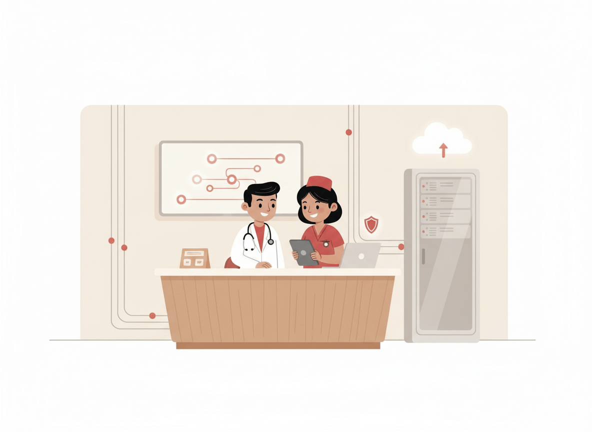 Illustration of a medical clinic using secure IT systems, showing healthcare staff supported by networked computers and cybersecurity tools