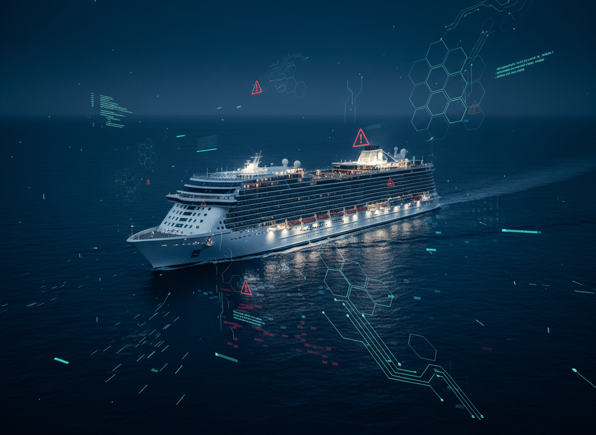 Cruise ship at night with cybersecurity alerts representing cruise line cyberattack risks Cruise ship at night with cybersecurity alerts representing cruise line cyberattack risks