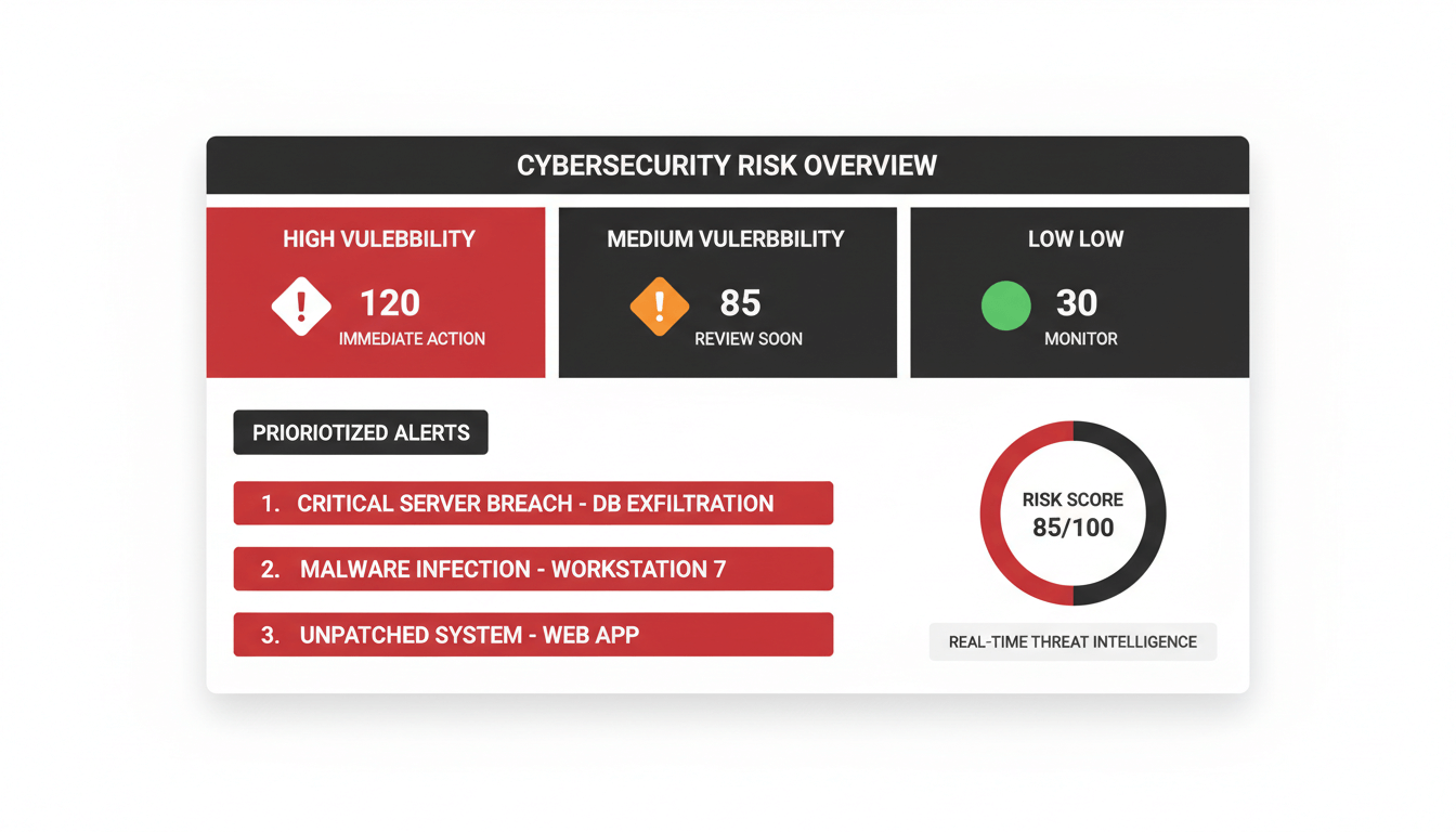 Firefly_Gemini Flash_Flat vector illustration of a risk dashboard displaying vulnerability severity levels 867542