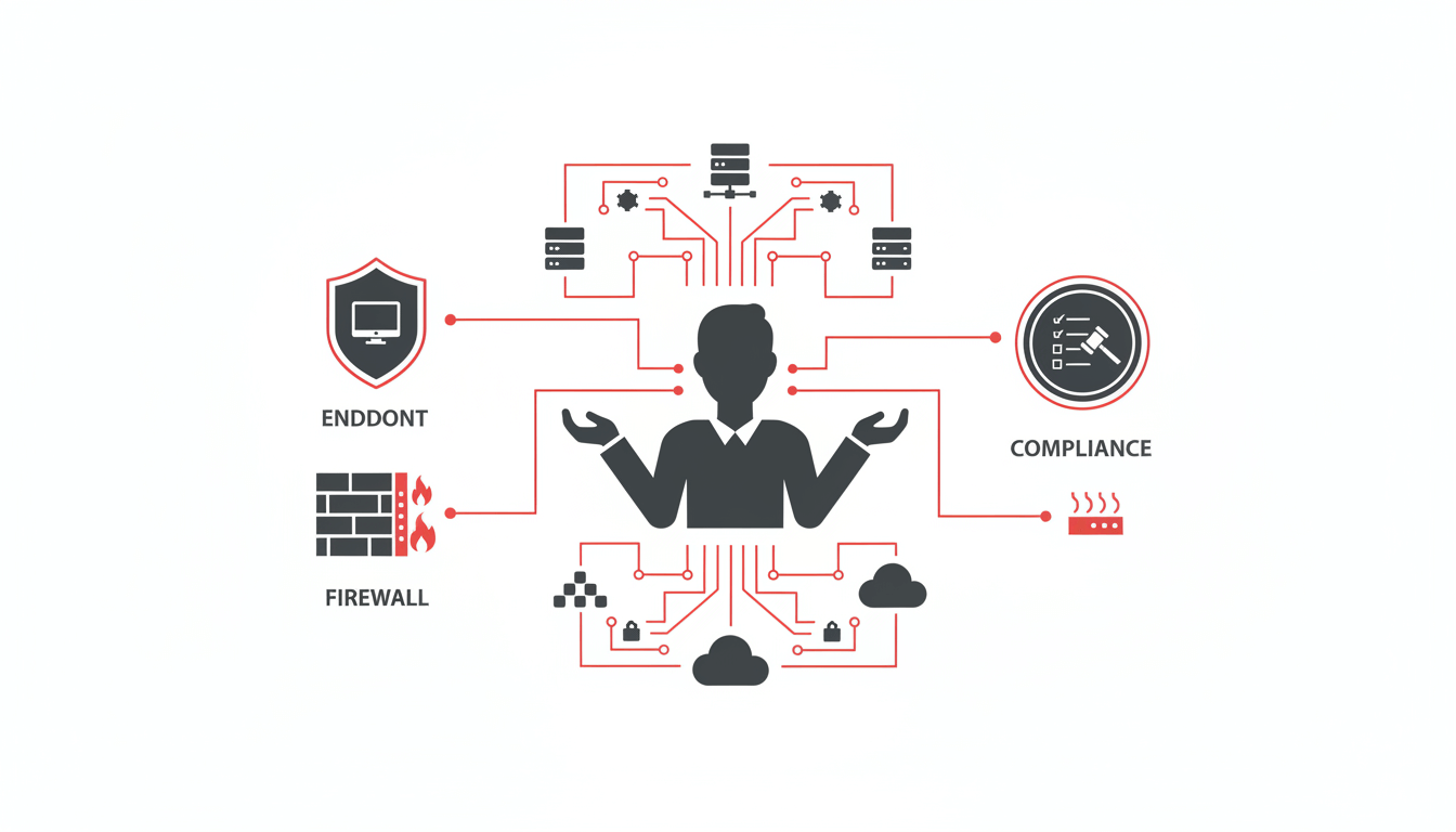 Firefly_Gemini Flash_Flat vector illustration showing a security engineer connected to multiple cybersecur 867542