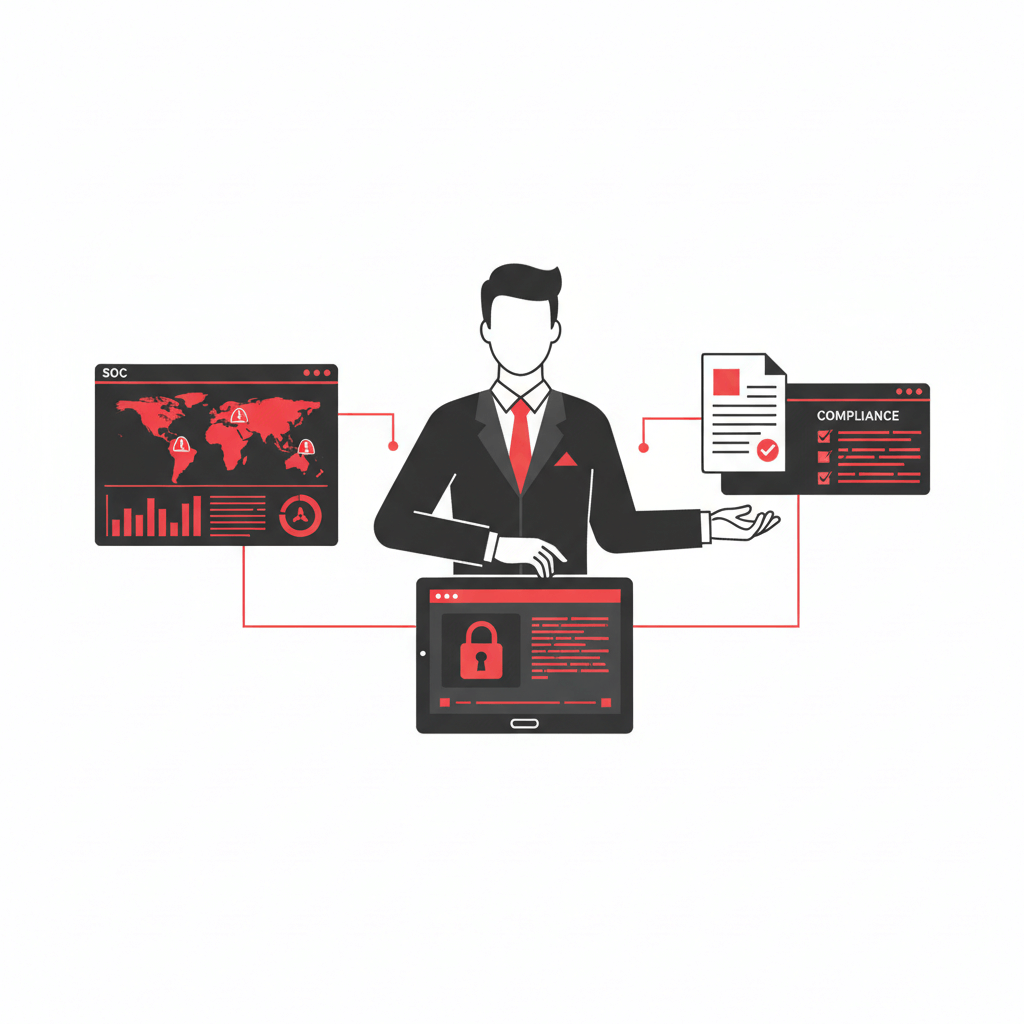 Firefly_Gemini Flash_Flat vector illustration showing a security professional connected to multiple cybers 867542