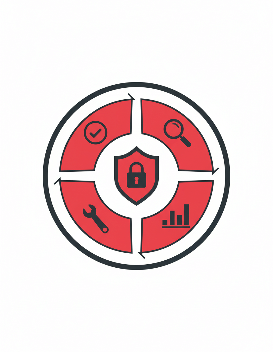 Firefly_Gemini Flash_Minimalist flat vector illustration showing a circular vulnerability management lifec 867542