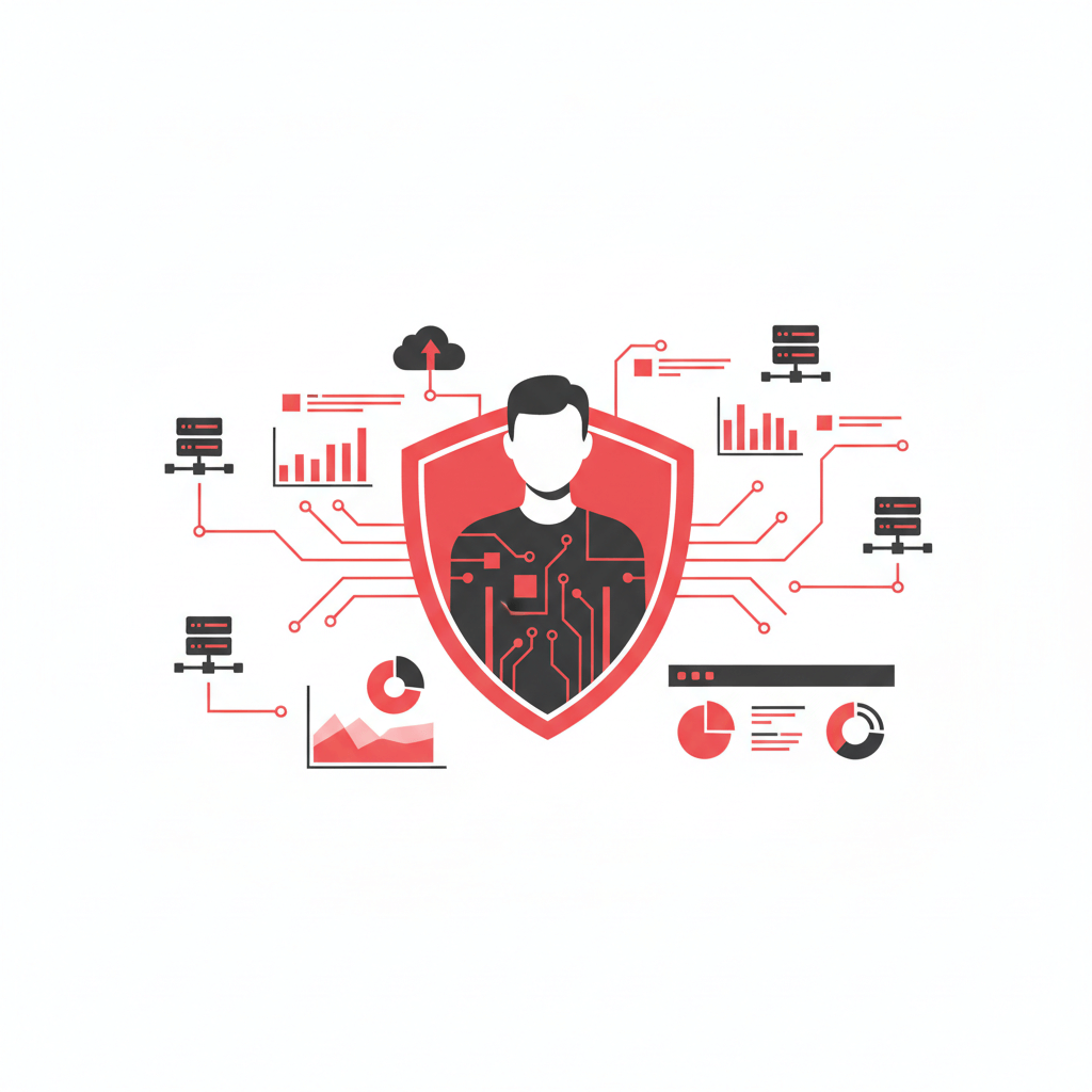 Firefly_Gemini Flash_Minimalist flat vector illustration showing a cybersecurity professional integrated i 867542