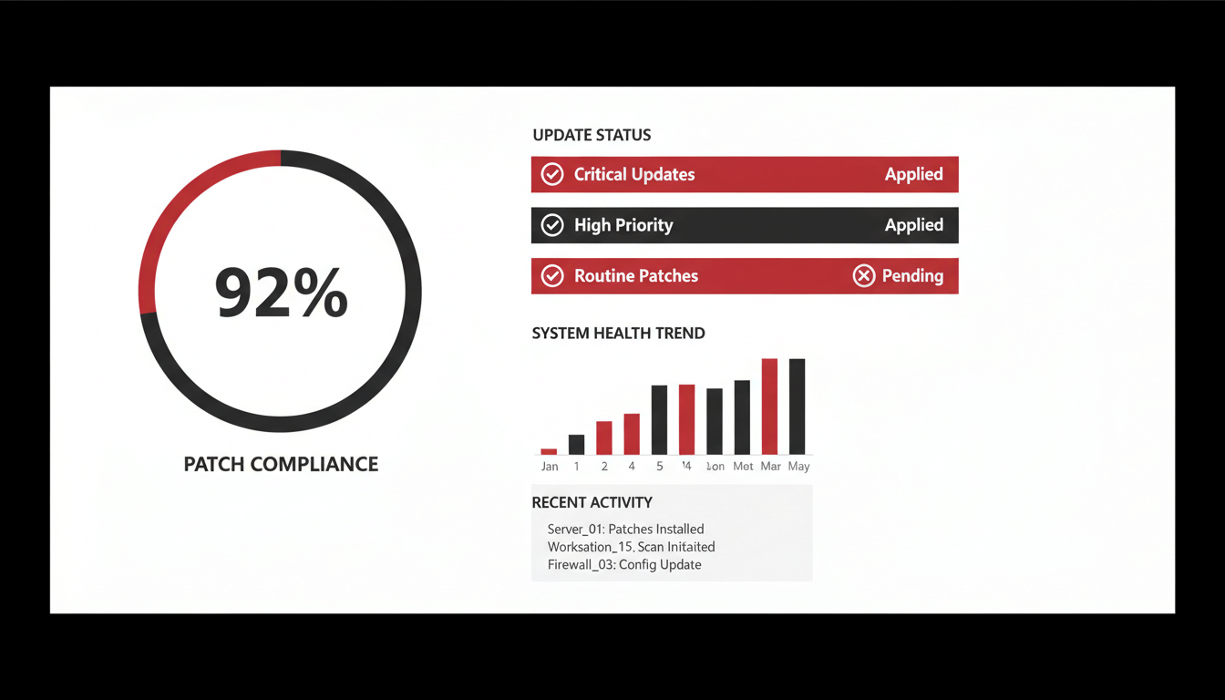 Firefly_Gemini Flash_Prompt-_Flat vector illustration of a compliance dashboard displaying patch complianc 867542