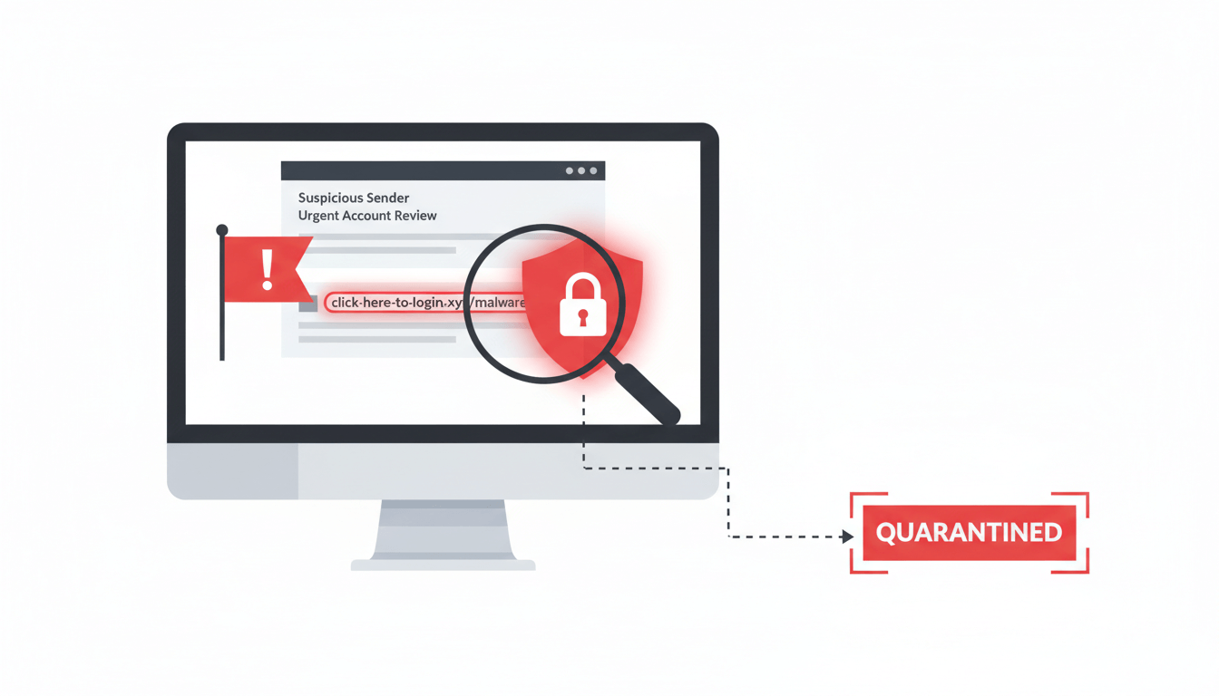 Firefly_Gemini Flash_Prompt-_Flat vector illustration of phishing email detection with a magnified malicio 731743