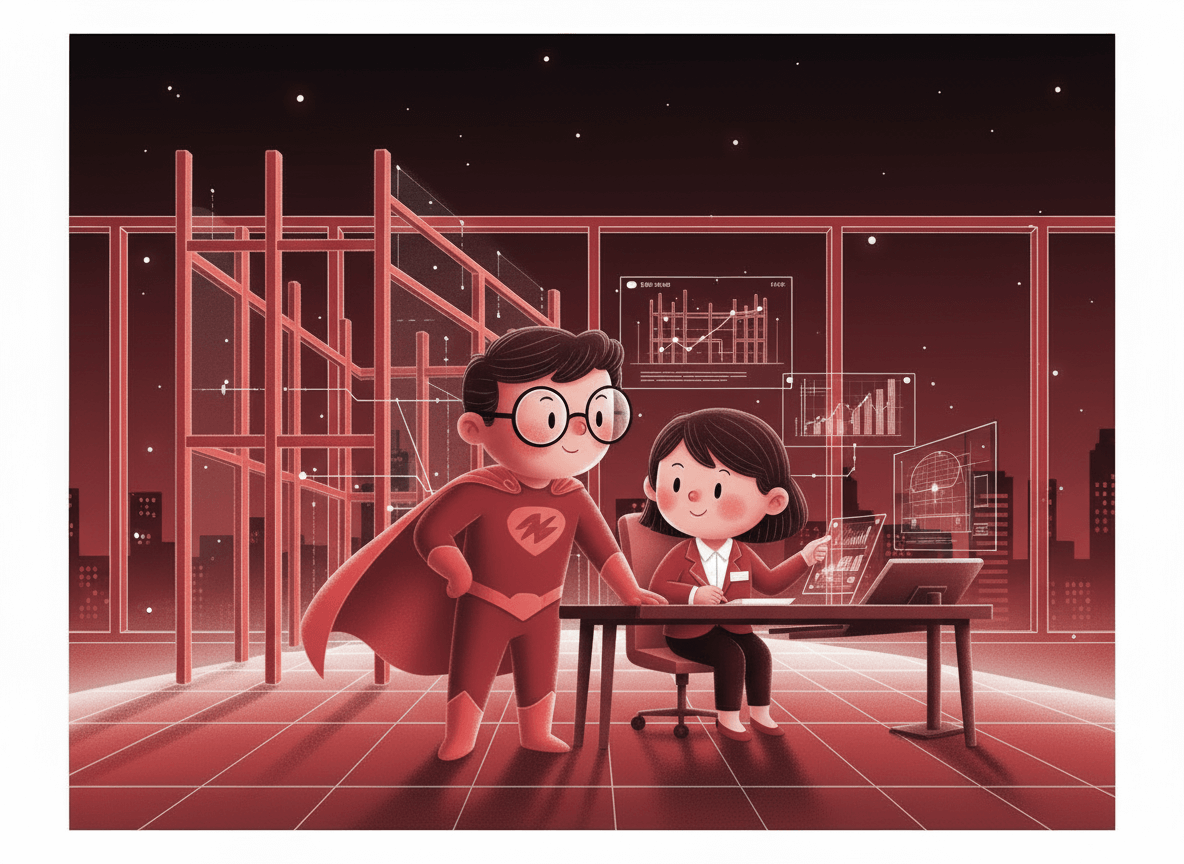 Friendly illustrated superhero standing beside a credit union worker at a desk,