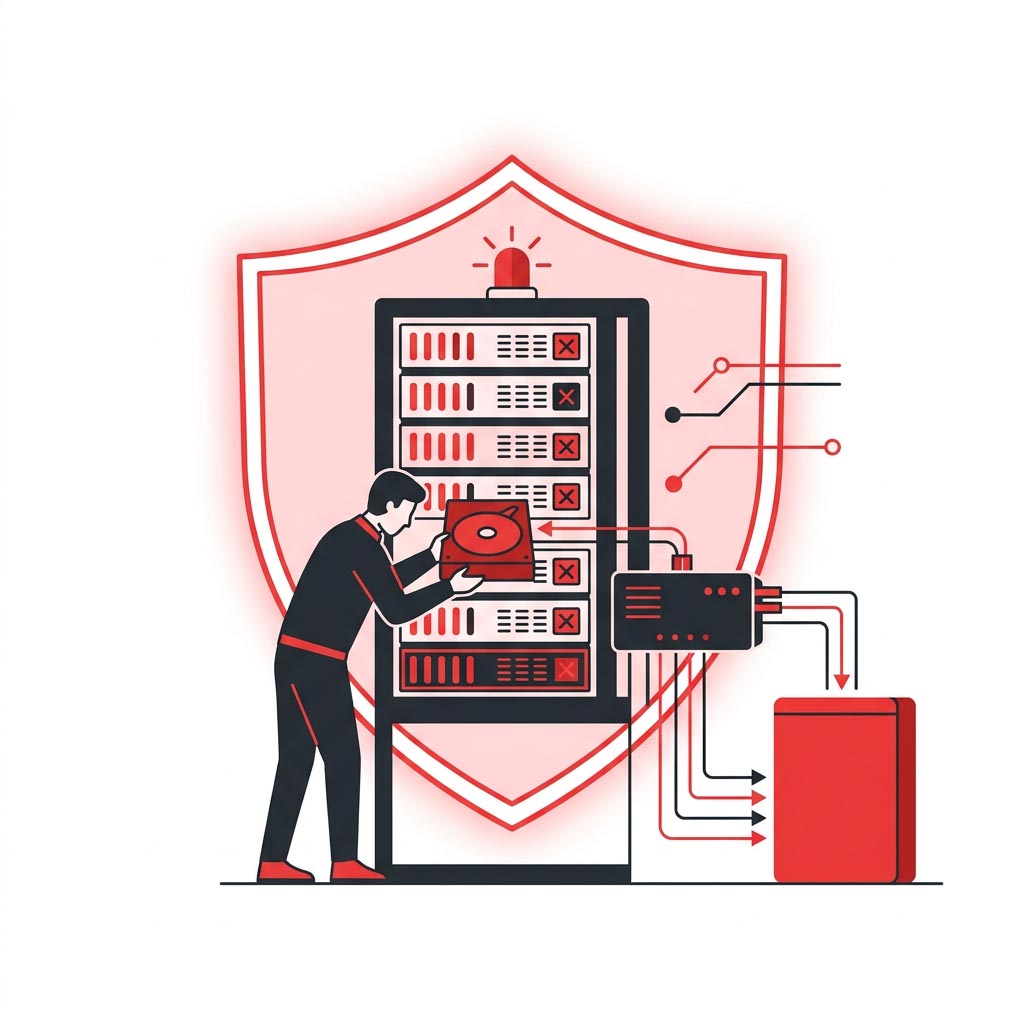 Firefly_Gemini Flash_Flat vector illustration showing a compromised server being carefully preserved with 24407