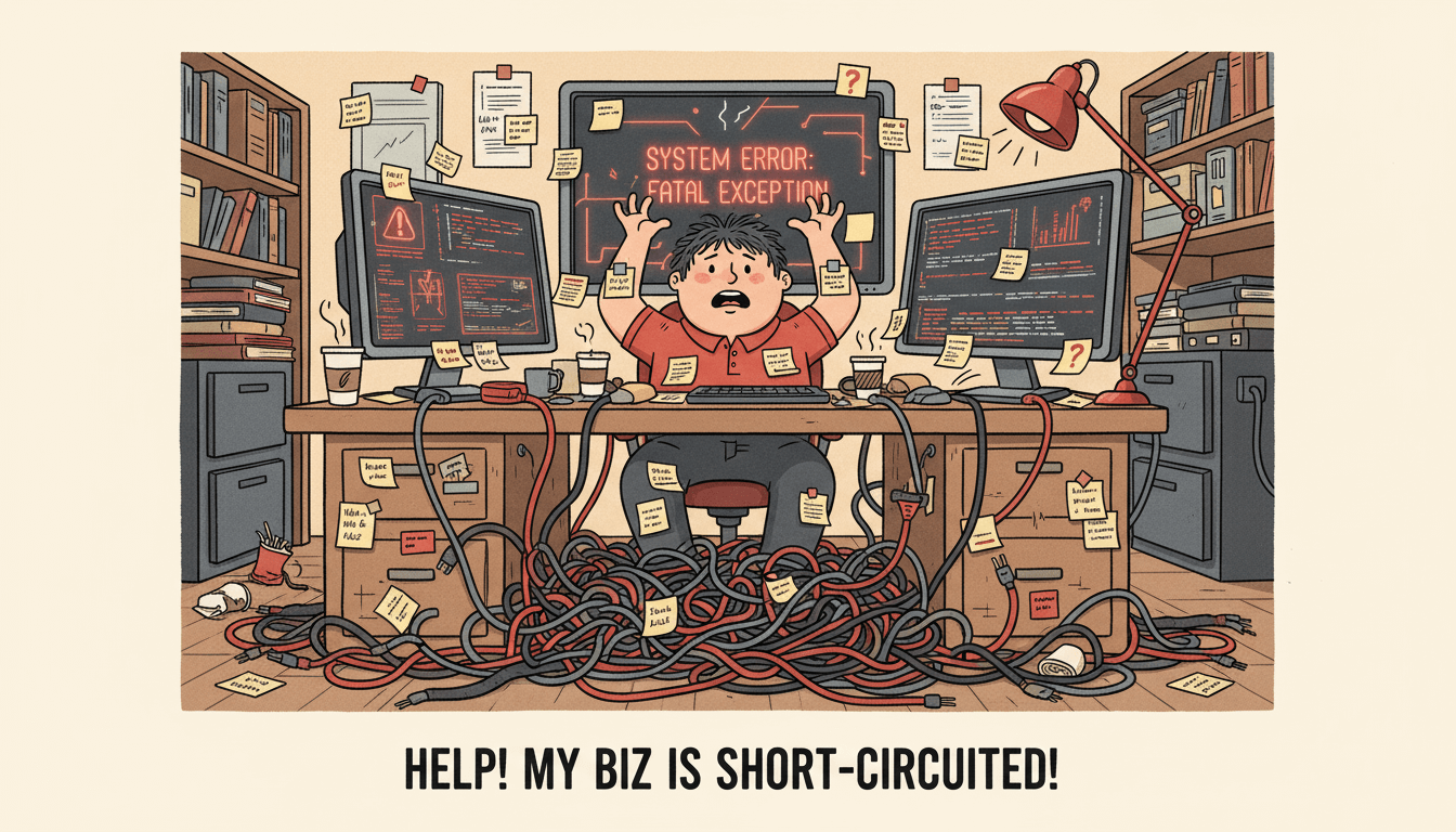 Firefly_Gemini Flash_Small business owner at desk overwhelmed by tangled computer cables, error messages o 843675