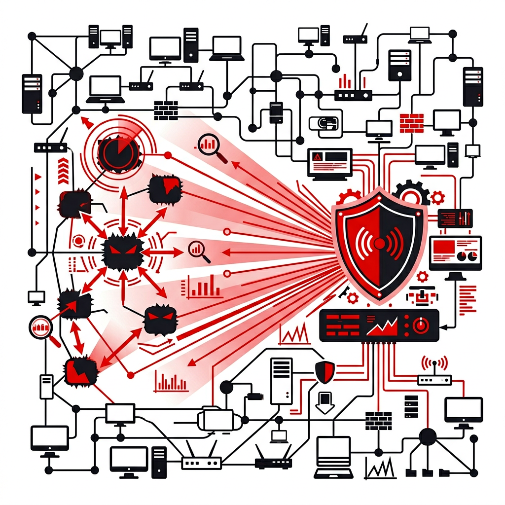 Firefly_GeminiFlash_Flat vector cybersecurity illustration showing hidden network nodes being continuousl 163734