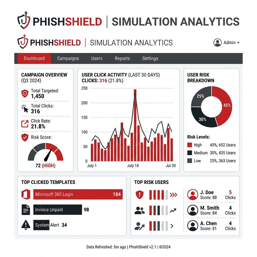 Firefly_GeminiFlash_Flat vector illustration of a phishing email simulation dashboard showing user click 829998 (1)